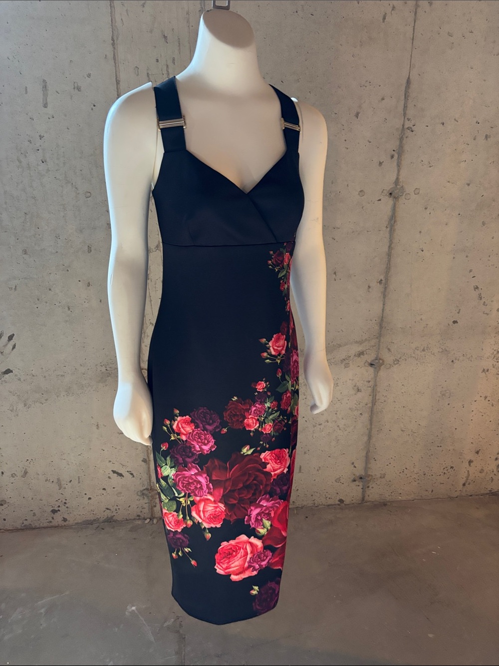 Ted Baker London Black Floral Cross-Back Midi Dress with Pink & Red Roses